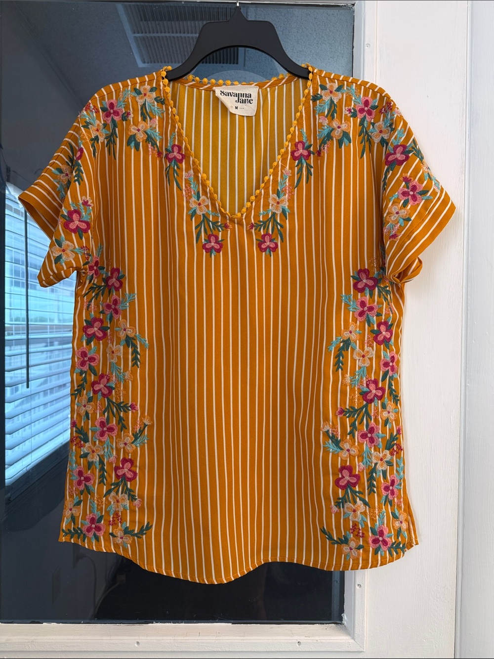 Savanna Jane Orange Striped V-Neck Top with Floral Embroidery Medium